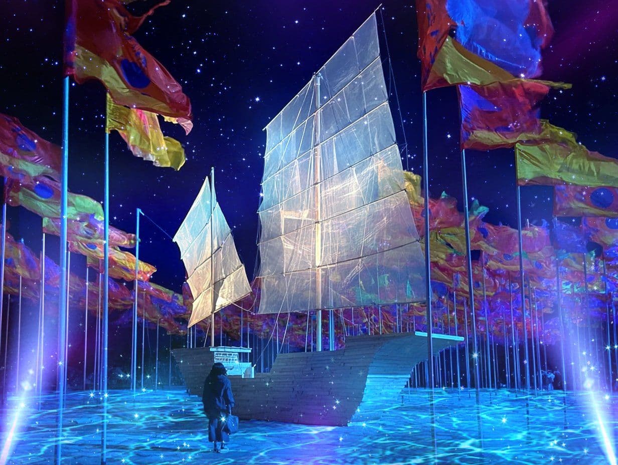 Sea of Vows — sails and flags over a floor of projected waves
