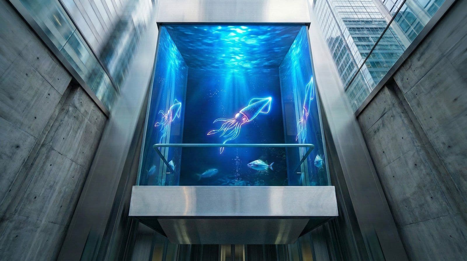 L'Aquarium key visual — glowing squid swimming inside a glass elevator aquarium